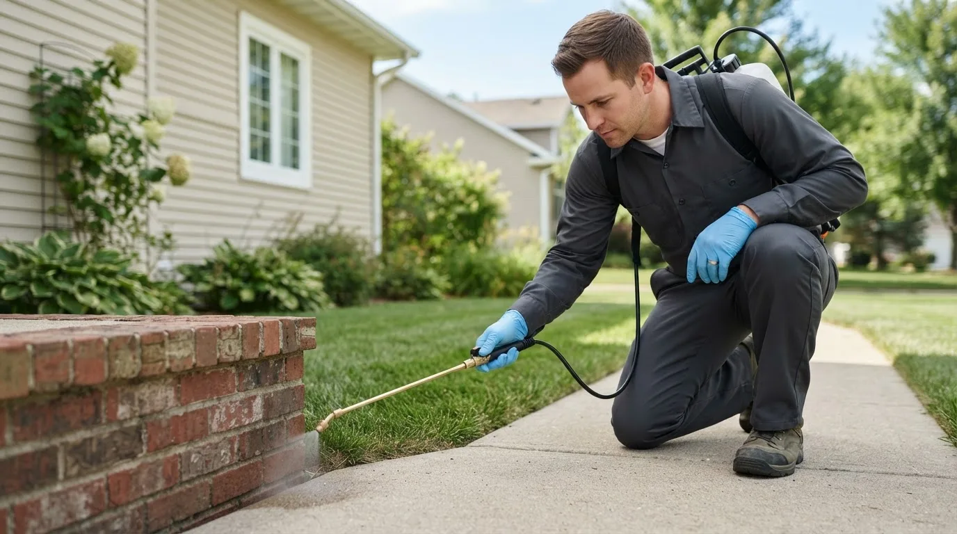 Pest control technician treating a home near Keene, ND