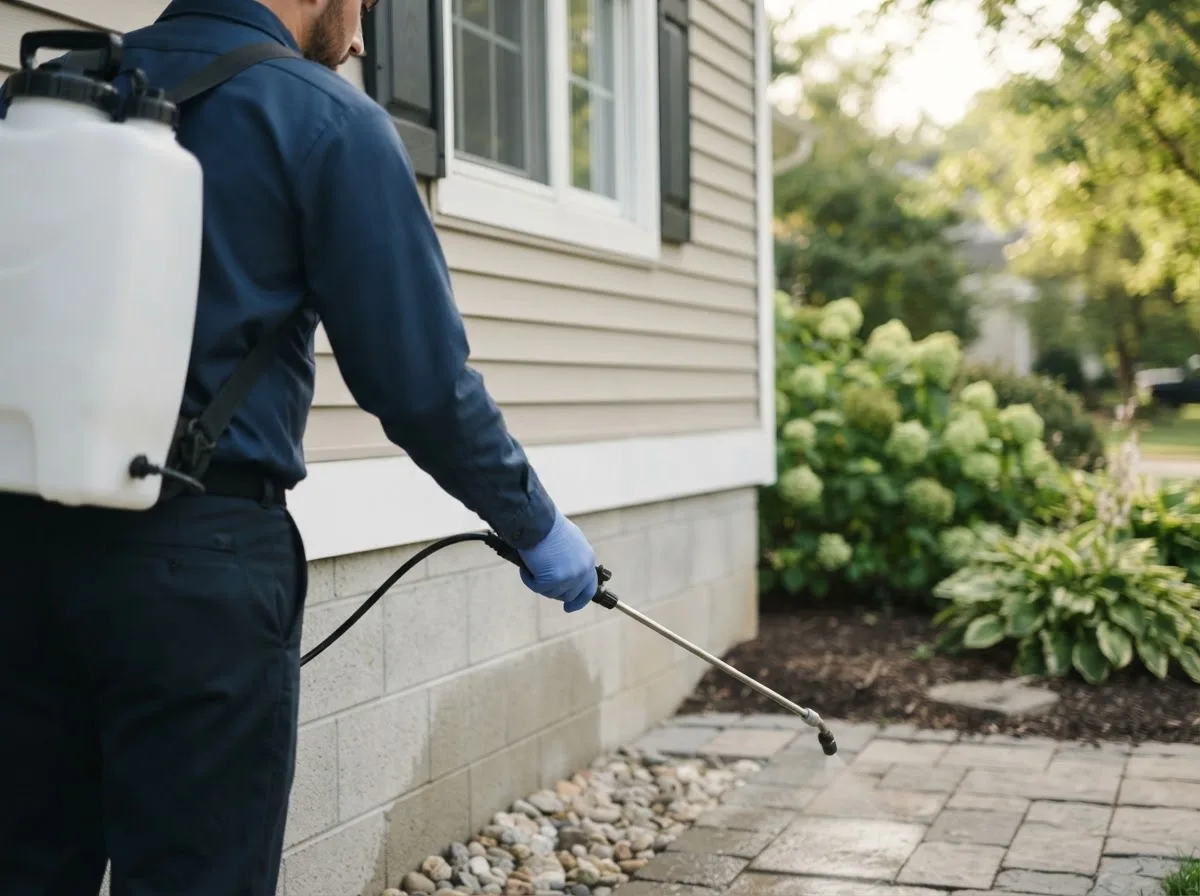 Pest control technician inspecting a home in Keene, ND
